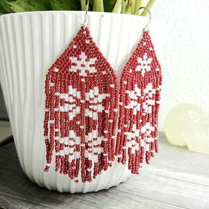 Large Holiday Beaded Fringe Cascade Shoulder Duster Dangle Earrings, Snowflakes